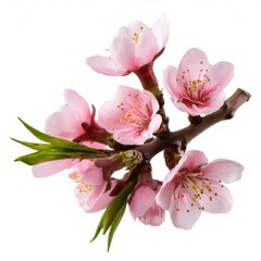 Obraz premium Delicate peach tree branch displaying soft pink blossoms, white backdrop highlighting seasonal renewal and natural elegance