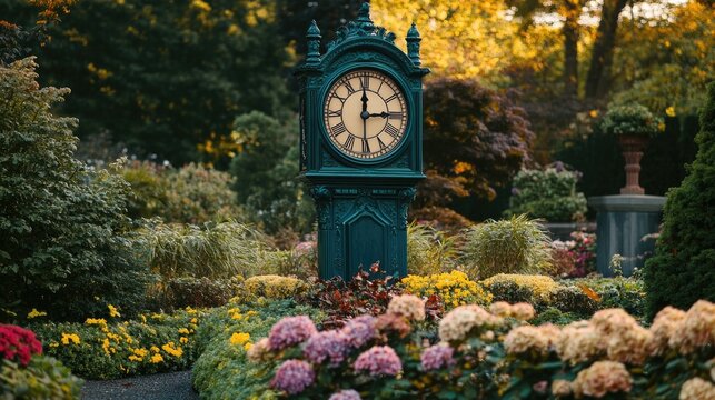 A large outdoor clock standing in the middle of a vibrant garden scene.