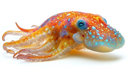 Vibrant orange and blue octopus isolated on white background.