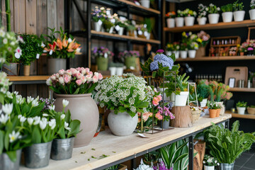 Fototapeta premium Generative AI Florist in Flower Store Surrounded by Blooms Bouquets Holiday gifts