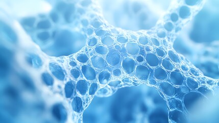 Translucent blue cellular pattern displays organic honeycomb texture with crystalline structure, glass-like surface, ethereal backlighting, and delicate geometric patterns in scientific style.