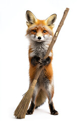 Obraz premium Animal with broom, A curious fox stands on its hind legs gripping with paws in a high-fidelity image, showcasing detailed fur and expressive features.