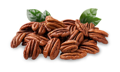 Tasty pecan nuts and green leaves isolated on white