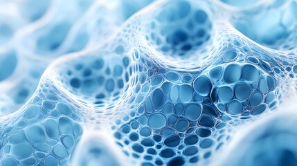 Translucent blue cellular pattern displays organic honeycomb texture with crystalline structure, glass-like surface, ethereal backlighting, and delicate geometric patterns in scientific style.