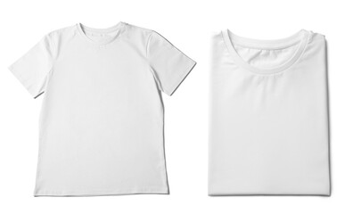 Blank white t-shirts on white background, collage. Mockup for design