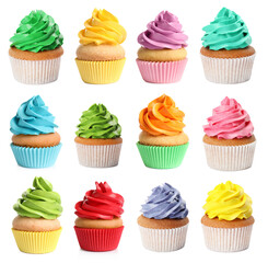 Yummy cupcakes with cream isolated on white, collage