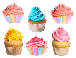 Yummy cupcakes with cream isolated on white, collage