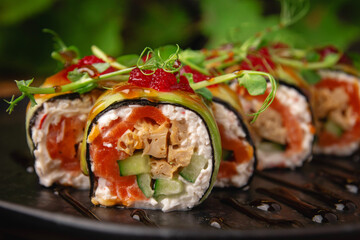 Delicious fresh sushi roll with cucumber, salmon