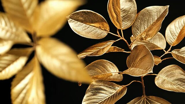 Luxurious golden leaves create a striking contrast against a dark background in a creative artistic display