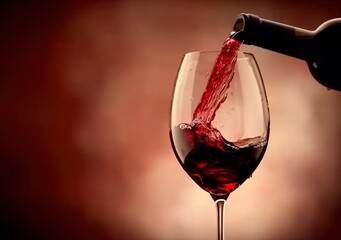 Red wine pouring into a glass from a bottle, creating a rich and vibrant red color against a dark brown background, perfect for depicting luxury, sophistication, and relaxation in fine dining 