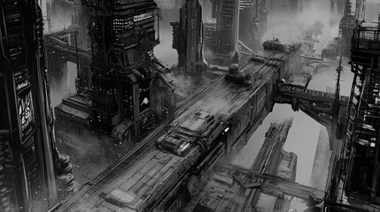 A monochrome view of intricate sky train rails and switches at a junction.