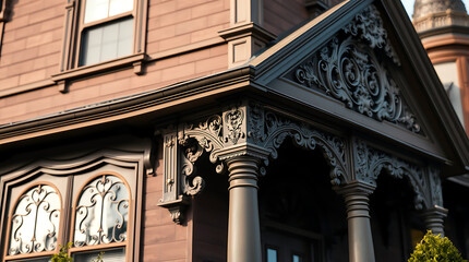 Obraz premium Ornate Porch Details of a Brown Wooden House