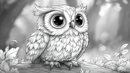 Fototapeta premium Adorable baby owl perched on branch, grayscale illustration.