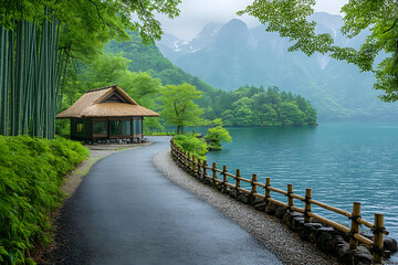 Serene Lakeside Path in Lush Green Forest with Mountain View