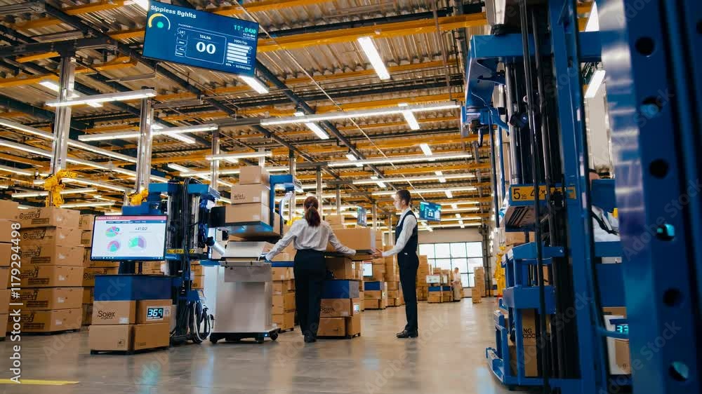 Aufkleber Modern warehouse automation with robotic assistance for efficient package handling and sorting