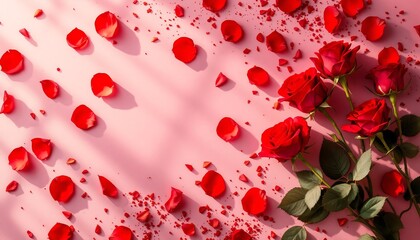 Romantic Red Roses and Petals on Pink Background - Valentine's Day, Love, Wedding, Anniversary