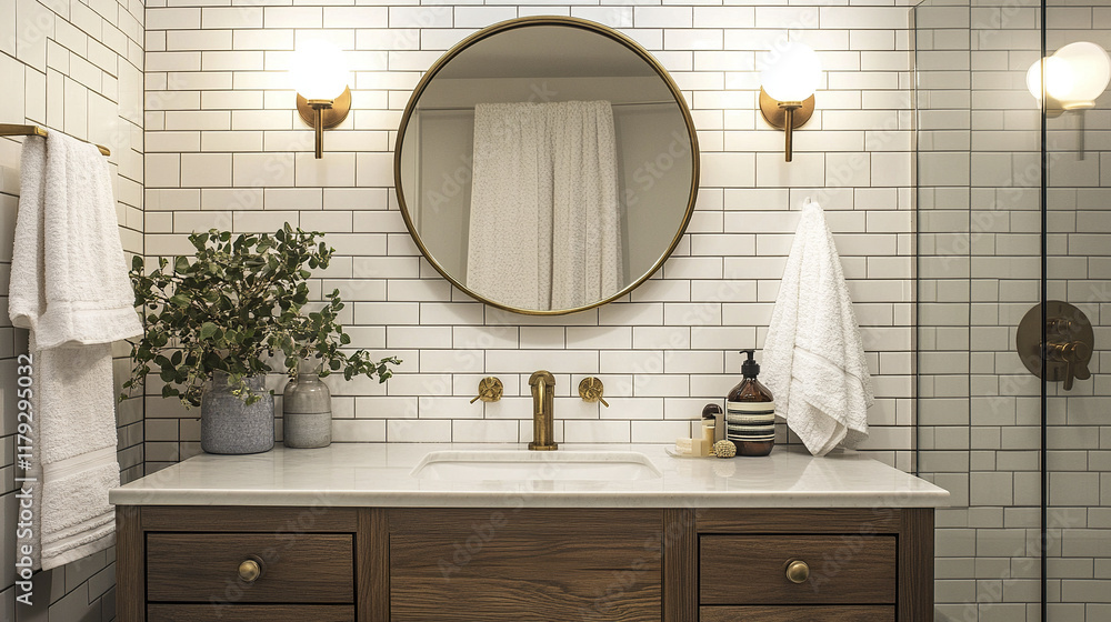 Wall mural Modern bathroom with white tiles and brass fixtures, featuring round mirror