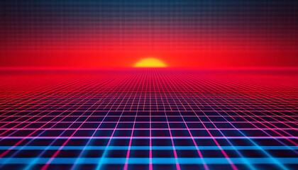 Red neon grid background with blue horizon and retro grain effect of rising red sun


