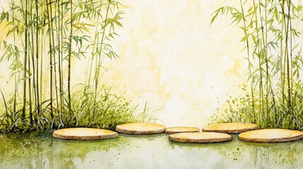 Obraz premium Tranquil Bamboo Garden with Water Reflection and Stones Under Gentle Sunlight for Relaxation and Peace