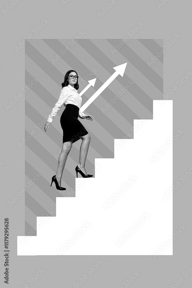 Aufkleber collage 3d image of pinup pop retro sketch of purposeful lady walking up career stairs isolated pain