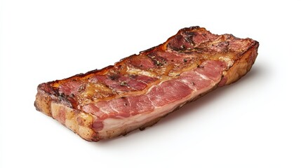 Obraz premium Slice of crispy bacon, perfectly cooked and isolated on a white backdrop