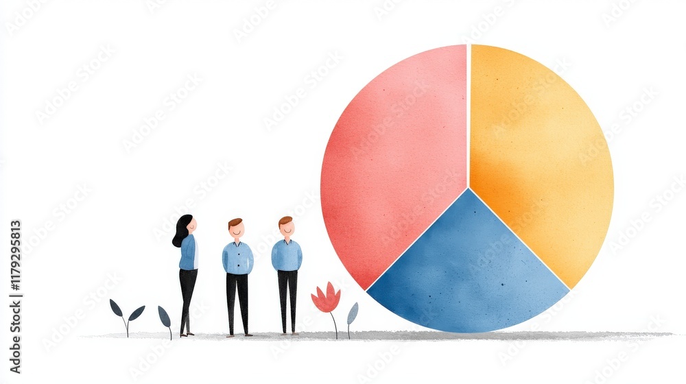 Poster business team analyzing colorful pie chart in modern minimalist style artwork for work presentation 