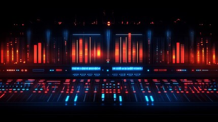 Neon audio equalizers and radial sound waves.