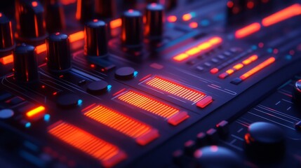 Neon audio equalizers and radial sound waves.