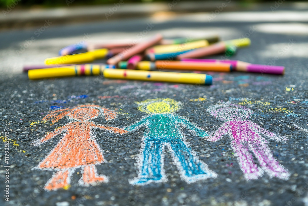 Poster generative ai illustration of kids playing with chalk creating colorful masterpieces on the sidewalk