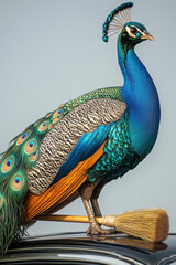 Obraz premium Animal with broom, A high-fidelity image of a peacock walking with a broomstick tucked under its wing, showcasing vibrant colors and intricate details.