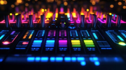 Neon audio equalizers and radial sound waves.