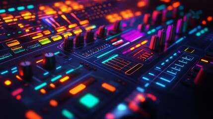 Neon audio equalizers and radial sound waves.
