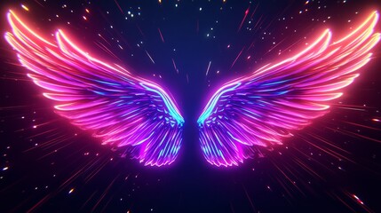 Neon light wings with rays and sparks