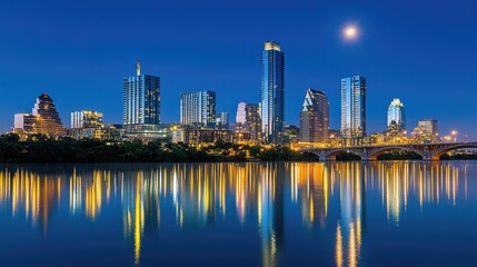 Fototapeta premium A picturesque view of urban high-rises under a clear, deep indigo night sky.