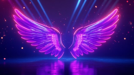 Neon light wings with rays and sparks