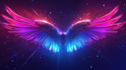 Neon light wings with rays and sparks