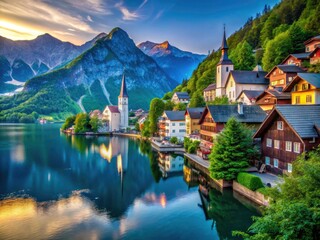 Fototapeta premium Hallstatt Austria Picturesque Village: Stunning Alpine Lake, Charming Houses, Breathtaking Scenery