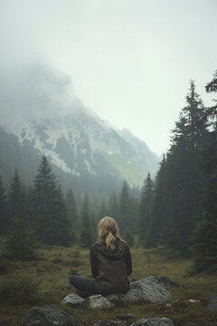 Finding peace among the pines. A serene outdoor scene featuring a person sitting on a rock in a forested mountain environment.