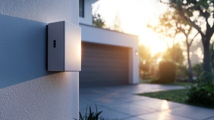 Modern House Exterior with Sunset Glow and Wall-Mounted Device