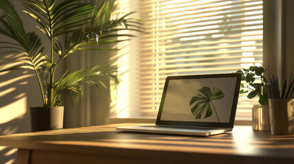 Fototapeta premium Modern home workspace with wooden desk and sleek laptop