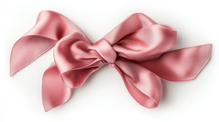 Pink satin ribbon bow, top view, isolated