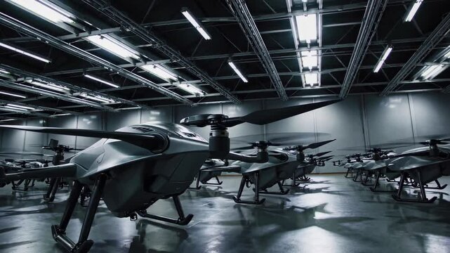 Military drones stored in a high-tech hangar ready for deployment at night