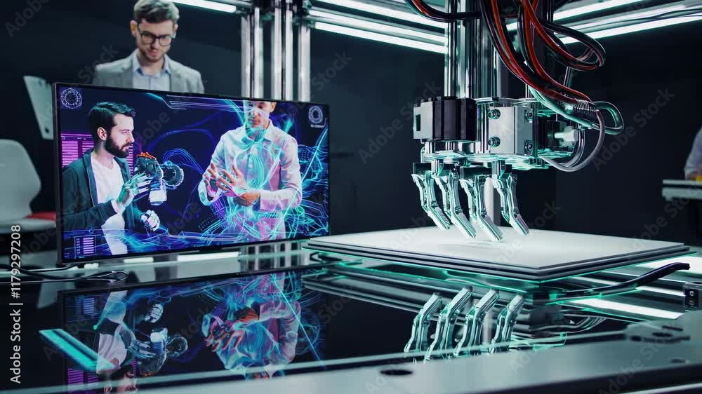 Poster innovative technology demonstration showcases advanced robotics and interactive screens in action