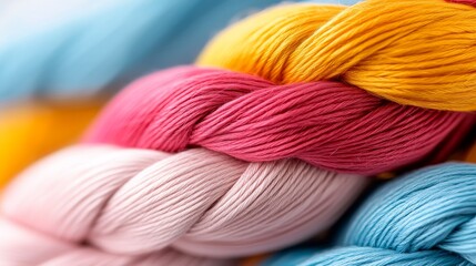 Colorful Cotton Yarn Threads Braided Texture Close up Macro Photography of Pastel and Vivid Hues