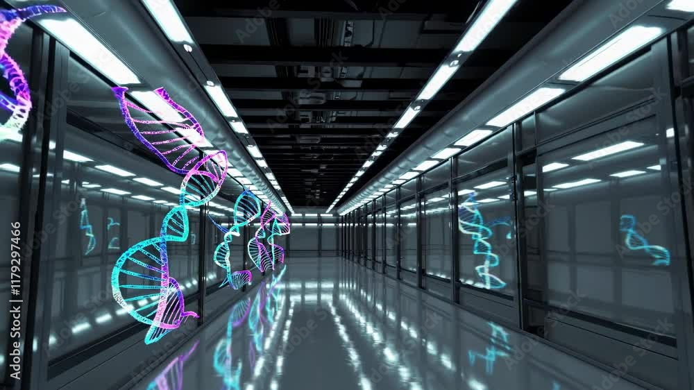 Poster exploring a futuristic laboratory with interactive dna displays and sleek architecture in a high-tec