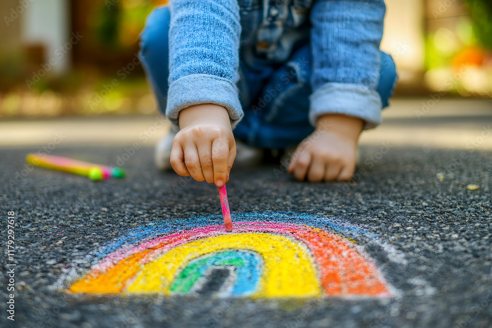Poster generative ai image of child drawing with colorful chalk