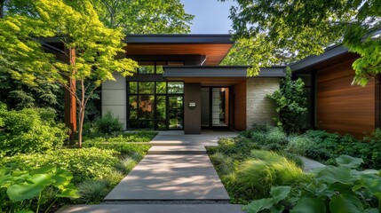 Fototapeta premium A beautiful modern home entrance surrounded by lush greenery, with a sleek pathway leading to the door, showcasing a harmonious blend of design and nature.