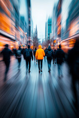 Fototapeta premium Tourists walking on a busy shopping street at dusk with motion blur effect. Commercial photography - live vibrant urban scene with walking people and modern architecture