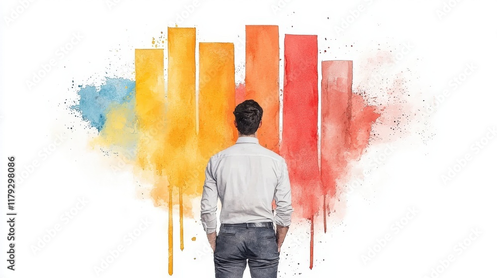 Poster Man Observing Vibrant Abstract Bar Graph Design with Splash of Colors for Business and Creativity Concept