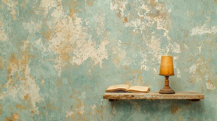 Cozy Home Decor with Antique Lamp and Open Book on Rustic Wooden Shelf against Textured Blue Wall